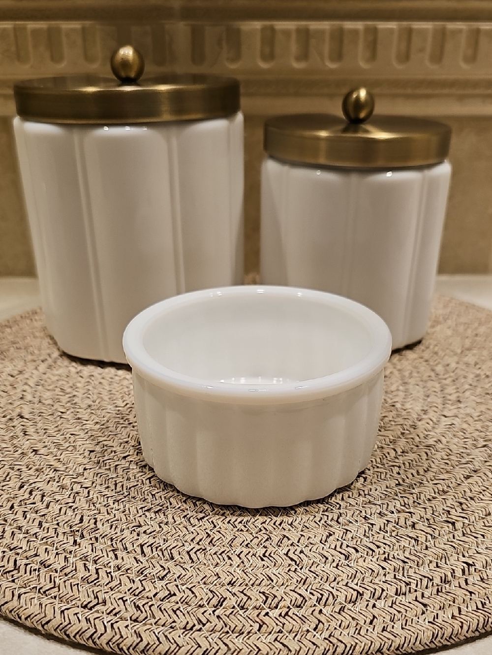 New Hearth And Hand 3pc. White Ceramic Canisters-1 Large 1 Small-& Trinket Dish